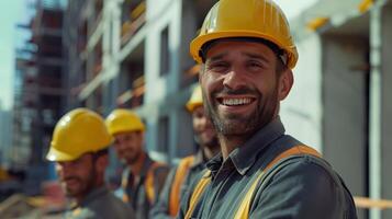 Happy Construction Workers Smiling on Site in Hard Hats and Safety Gear photo