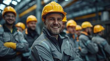 Smiling Team of Construction Workers Wearing Safety Helmets at Industrial Site photo