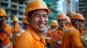 Smiling Construction Workers in Safety Gear at a Busy Building Site photo