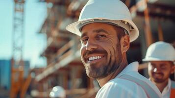 Smiling Construction Engineer In Safety Helmet At Construction Site photo