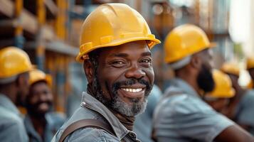 Smiling Construction Worker in Yellow Hard Hat With Colleagues in Background photo