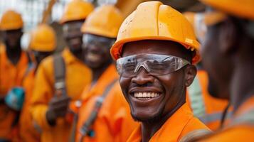 Smiling Team of Construction Workers in Safety Gear on a Building Site photo