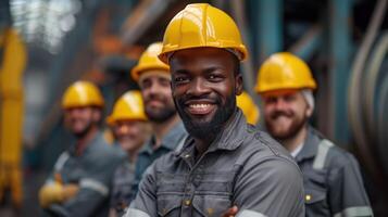 Team of Smiling Construction Workers in Protective Helmets Posing Confidently photo
