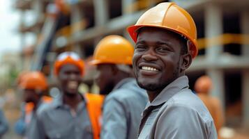 Smiling Team of Construction Workers Wearing Orange Helmets at Construction Site photo