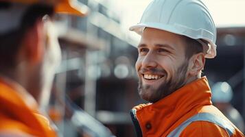 Smiling Construction Engineer On Site Wearing Safety Gear photo