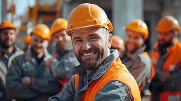 Team of Construction Workers Smiling and Working Together on Site photo
