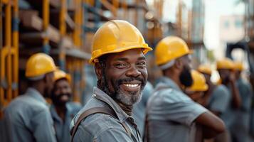 Smiling Construction Worker in Safety Gear at Job Site photo