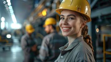 Smiling Female Construction Worker in Helmet with Colleagues in Background at Industrial Site photo
