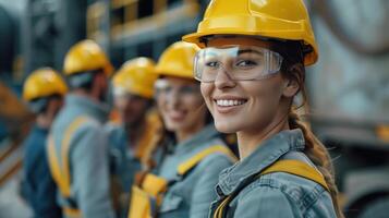 Smiling Team of Construction Workers Wearing Safety Gear on Site photo