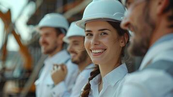 Smiling Team of Construction Engineers in Hard Hats Working at a Building Site photo