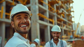 Smiling Construction Engineers At A Building Site Wearing Safety Helmets photo