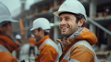Smiling Construction Engineers in Safety Gear at Building Site photo