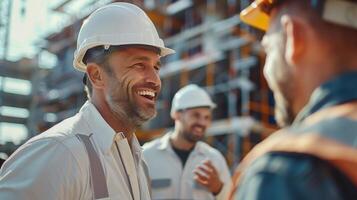 Smiling Construction Engineers on a Building Site Communicating and Collaborating photo