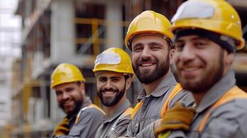 Team of Smiling Construction Workers in Safety Gear at Building Site photo