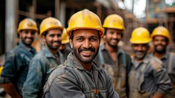 Smiling Team of Construction Workers on a Building Site Wearing Yellow Helmets photo