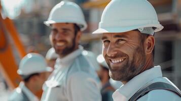 Smiling Construction Engineers Wearing Hard Hats on a Construction Site photo