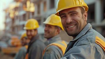 Smiling Construction Workers Wearing Hard Hats at Building Site photo