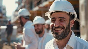 Smiling Team of Construction Engineers in Hard Hats on a Building Site photo
