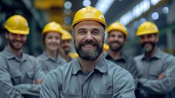 Team of Smiling Construction Workers Wearing Safety Helmets in Industrial Setting photo