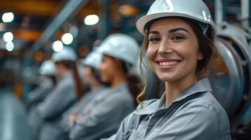 Smiling Team of Happy Workers in Hard Hats at Industrial Facility photo