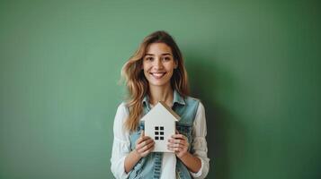 Woman Smiling and Holding House Model Against Green Background Representing Homeownership photo