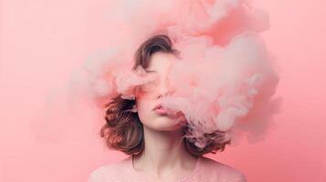 Surreal Portrait of a Woman in a Pink Cloud of Smoke, Creating a Dreamlike and Ethereal Effect photo