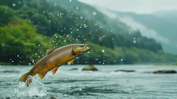 Wild Trout Leaping Out of Water Chasing a Fly in a Serene River Setting photo