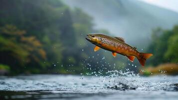Wild Trout Jumping Out Of The Water In Scenic River Landscape photo