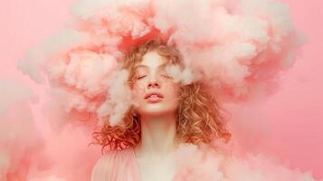 Dreamy Young Woman Surrounded by Soft Pink Clouds in a Fantasy Scene photo