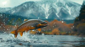 Wild Trout Jumping Out of Water with Mountain Landscape in Background photo