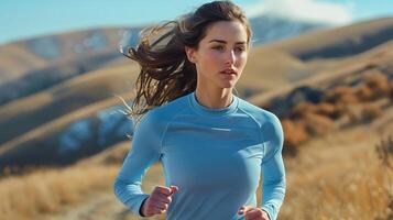 Woman Running on Hillside Wearing Blue Shirt on a Sunny Day photo