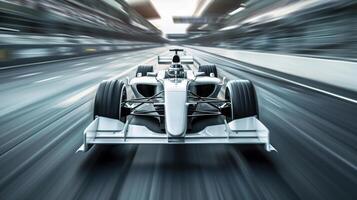 White Formula 1 Car Speeding on Track at High Speed with Motion Blur photo