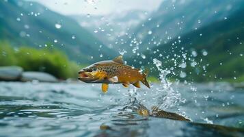 Wild Trout Jumping Out of Water in Mountain Stream photo