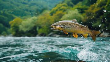 Wild Trout Jumping Out of Water in Lush Green Mountain River Background photo