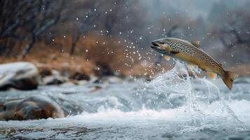 Wild Trout Jumping Out of the Water in Scenic River - Action Shot of Fish Splashing photo