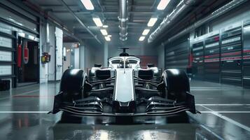 Front View Of A White Formula 1 Car In A Modern Garage, Ready For The Next Race photo