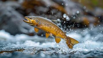Wild Trout Jumping Out of Water in an Alpine Stream Captured in Mid-Air photo