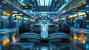 Front View of a White Formula 1 Car in a High-Tech Garage Under Bright Lights photo