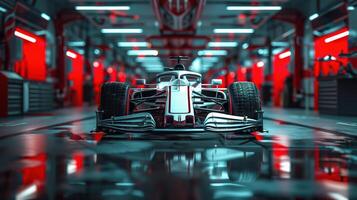 White Formula 1 Car in Garage Front View - High-Performance Racing Vehicle in Modern Workshop photo
