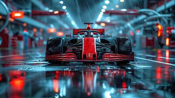 Front View of a Red Formula 1 Car in a High-Tech Illuminated Garage photo