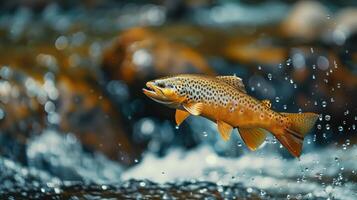 Wild Trout Jumping Out of the Water in Beautiful Natural Setting photo