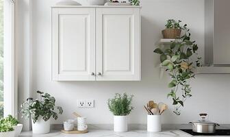 Modern White Kitchen Cabinet with Indoor Plants and Kitchen Utensils photo