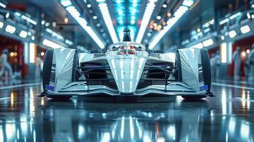 Front View of a Sleek White Formula 1 Car in a High-Tech Garage photo
