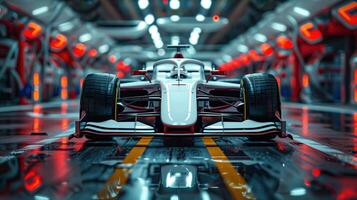White Formula 1 Car in a Modern Garage - Front View with Illuminated Background photo