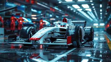 Front View of White Formula 1 Car in Garage with Red Highlights photo