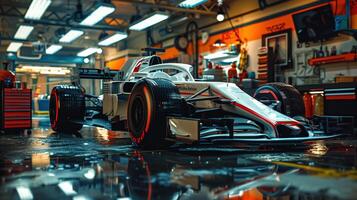 White Formula 1 Car in Garage with Front View in High-Tech Maintenance Workshop photo
