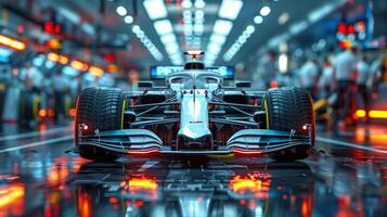 Front View of White Formula 1 Car in Garage Under Bright Lights photo