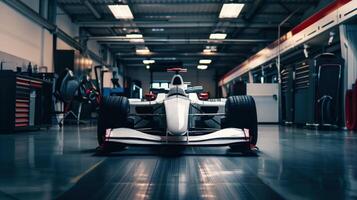 Front View of a White Formula 1 Car in a High-Tech Garage photo