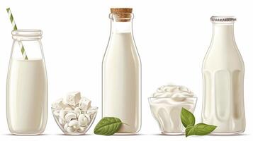 Assorted Dairy Products Including Milk, Cheese, and Yogurt With Fresh Basil Leaves photo