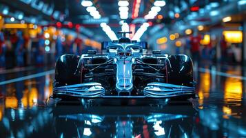 Front View of Sleek White Formula 1 Car in a Modern, Technologically Advanced Garage photo